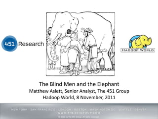 The Blind Men and the Elephant
Matthew Aslett, Senior Analyst, The 451 Group
     Hadoop World, 8 November, 2011


             © 2011 by The 451 Group. All rights reserved
 