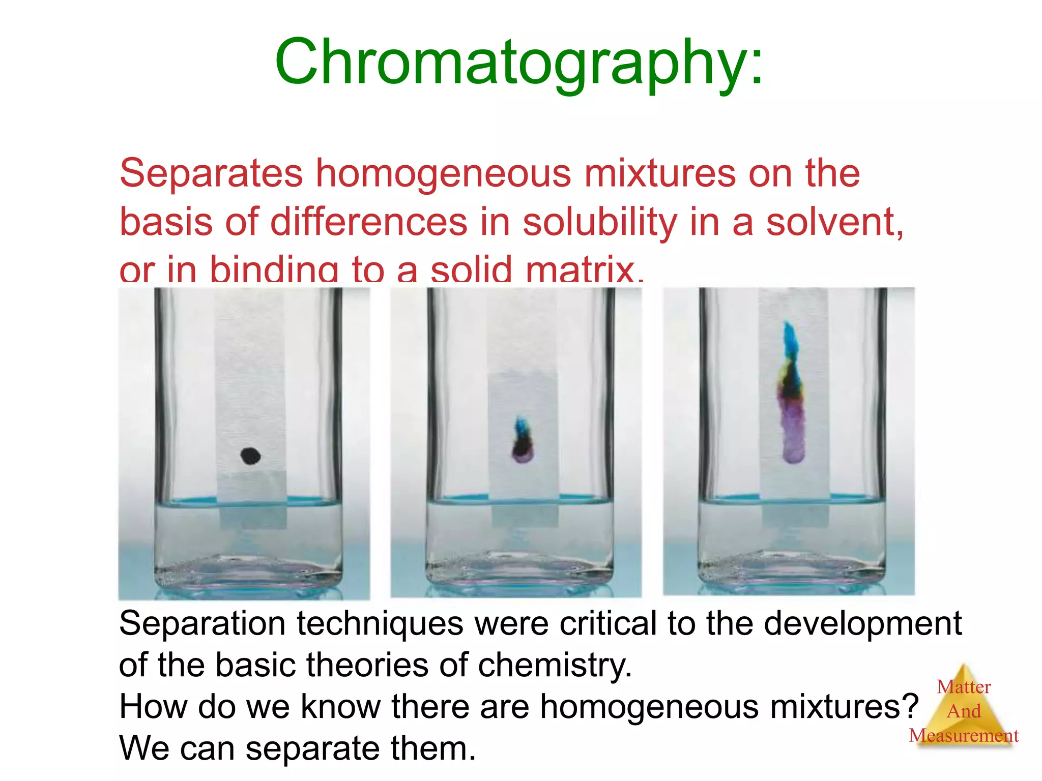 Matter
And
Measurement
Chromatography:
Separates homogeneous mixtures on the
basis of differences in solubility in a solvent,
or in binding to a solid matrix.
Separation techniques were critical to the development
of the basic theories of chemistry.
How do we know there are homogeneous mixtures?
We can separate them.
 