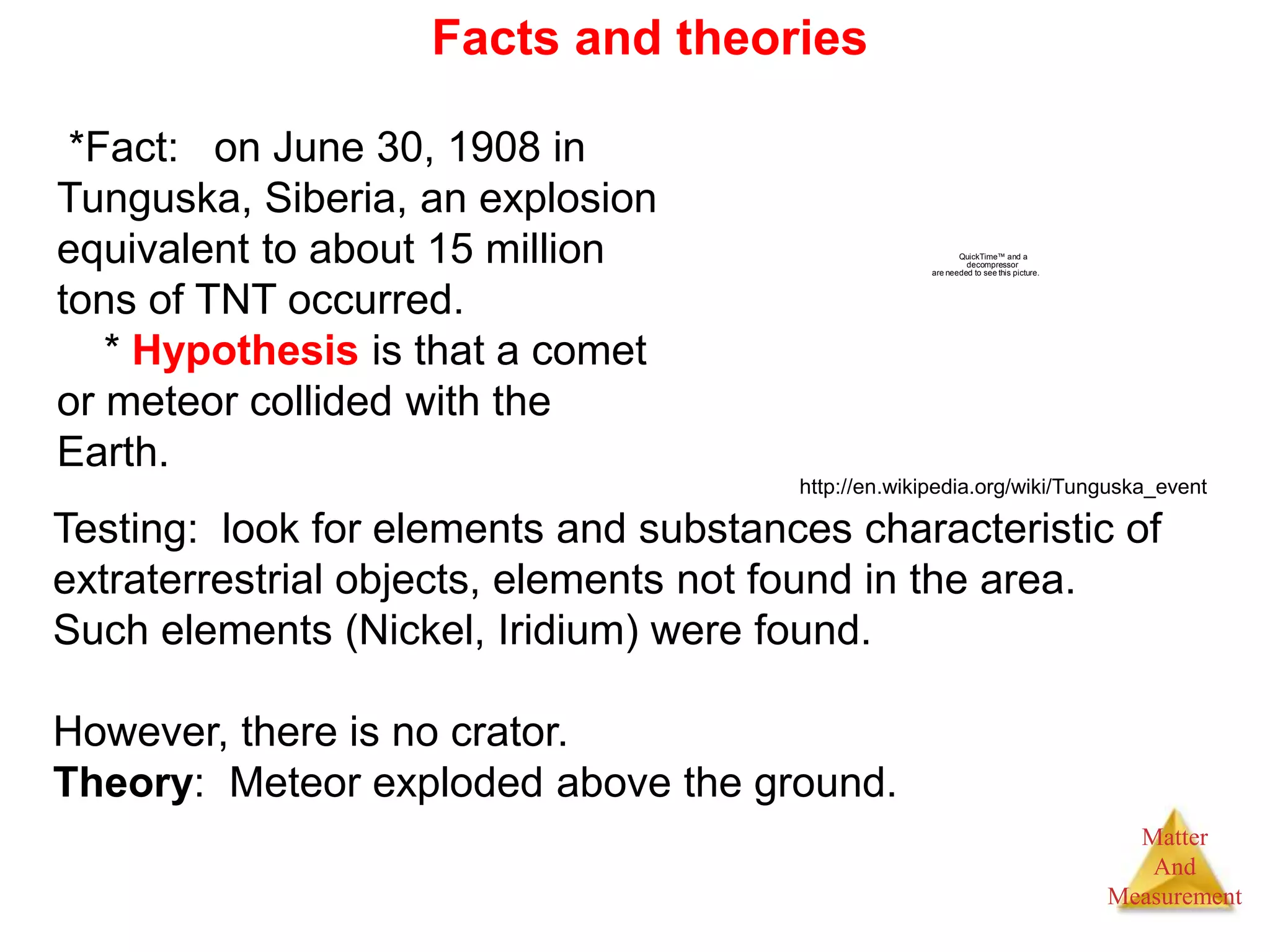 Matter
And
Measurement
Facts and theories
*Fact: on June 30, 1908 in
Tunguska, Siberia, an explosion
equivalent to about 15 million
tons of TNT occurred.
* Hypothesis is that a comet
or meteor collided with the
Earth.
QuickTime™ and a
decompressor
are needed to see this picture.
Testing: look for elements and substances characteristic of
extraterrestrial objects, elements not found in the area.
Such elements (Nickel, Iridium) were found.
However, there is no crator.
Theory: Meteor exploded above the ground.
http://en.wikipedia.org/wiki/Tunguska_event
 