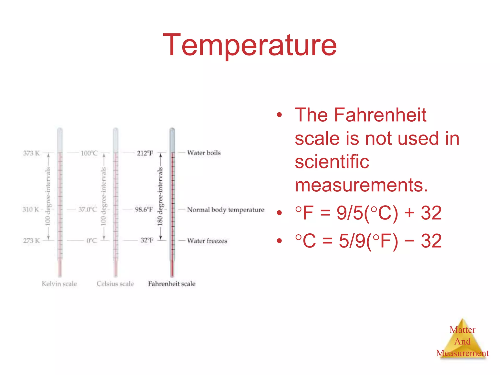 Matter
And
Measurement
Temperature
• The Fahrenheit
scale is not used in
scientific
measurements.
• F = 9/5(C) + 32
• C = 5/9(F) − 32
 