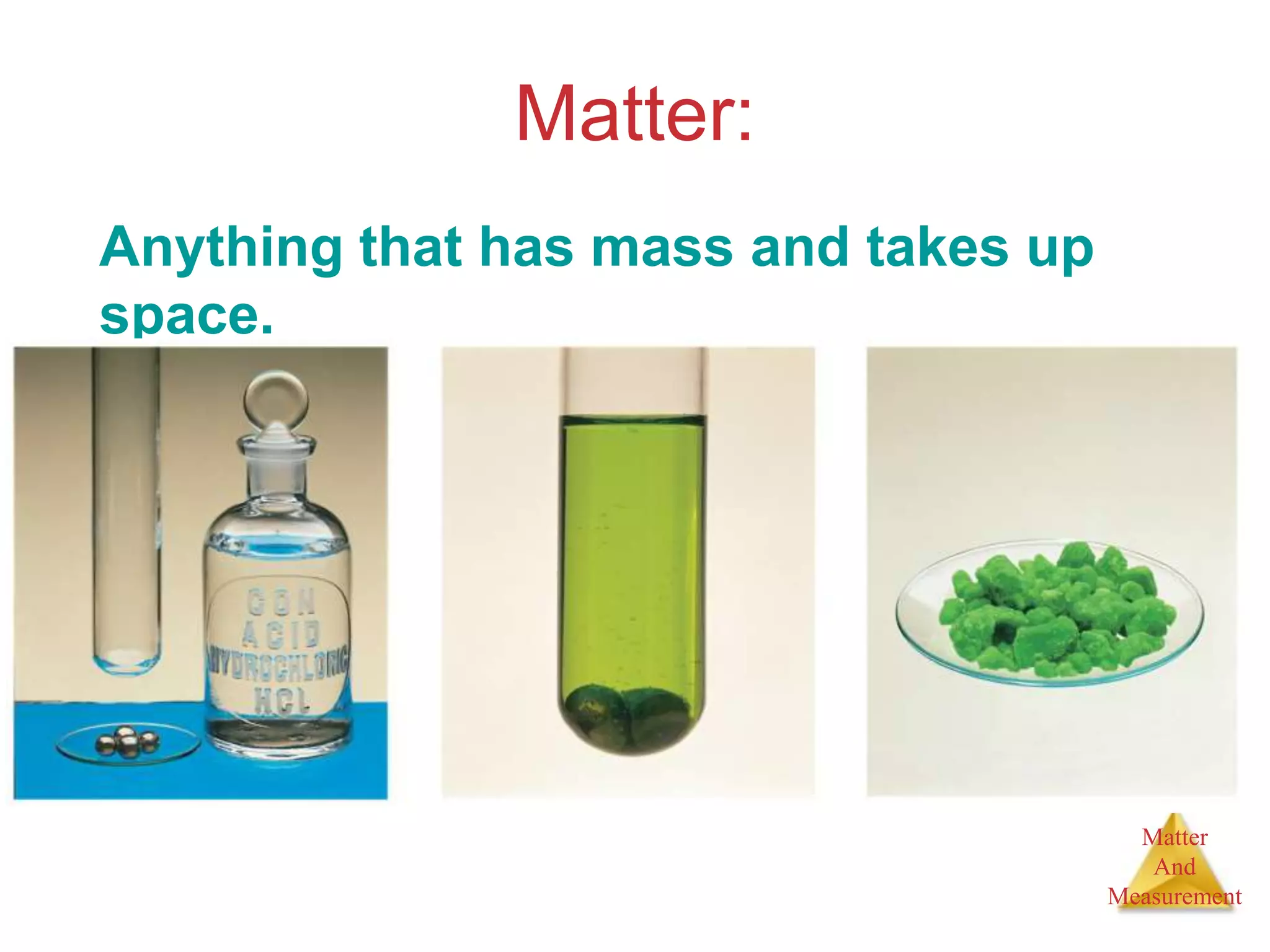 Matter
And
Measurement
Matter:
Anything that has mass and takes up
space.
 
