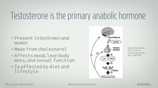 Maximilian GotzlerQS Europe Amsterdam 10/05/2014
Testosterone is the primary anabolic hormone
•  Present in both men and
women
•  Made from cholesterol
•  Affects mood, lean body
mass, and sexual function
•  Is affected by diet and
lifestyle
Hypothalamus-
Pituitary-
Testosterone-
Axis (HPTA)
 