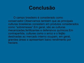 Conclusão O campo brasileiro é considerado como conservador.Observamos também que as principais culturas brasileiras consistem em produtos considerados como “sobremesas”.Em geral, são as culturas mecanizadas,fertilizantes e defensivos químicos.Em contrapartida, culturas como o arroz e o feijão destinadas ao mercado interno ocupam, em geral, grandes áreas e apresentam baixo rendimento por hectare. 