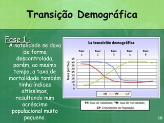 Transição Demográfica Fase 1 : TN : taxa de natalidade;  TM : taxa de mortalidade; CP : Crescimento da População A natalidade se dava de forma descontrolada, porém, ao mesmo tempo, a taxa de mortalidade também tinha índices altíssimos, resultando num acréscimo populacional muito pequeno. 10 