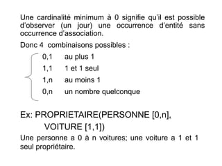 Une cardinalité minimum à 0 signifie qu’il est possible
d’observer (un jour) une occurrence d’entité sans
occurrence d’association.
Donc 4 combinaisons possibles :
0,1 au plus 1
1,1 1 et 1 seul
1,n au moins 1
0,n un nombre quelconque
Ex: PROPRIETAIRE(PERSONNE [0,n],
VOITURE [1,1])
Une personne a 0 à n voitures; une voiture a 1 et 1
seul propriétaire.
 