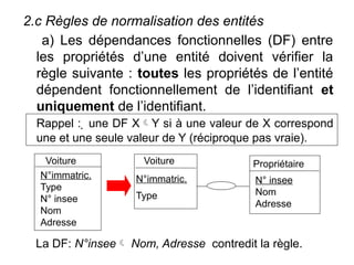 2.c Règles de normalisation des entités
a) Les dépendances fonctionnelles (DF) entre
les propriétés d’une entité doivent vérifier la
règle suivante : toutes les propriétés de l’entité
dépendent fonctionnellement de l’identifiant et
uniquement de l’identifiant.
Rappel :  une DF XY si à une valeur de X correspond
une et une seule valeur de Y (réciproque pas vraie).
Propriétaire
Voiture
N°immatric.
Type
N° insee
Nom
Adresse
Voiture
N°immatric.
Type
N° insee
Nom
Adresse
La DF: N°insee Nom, Adresse contredit la règle.
 