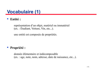 - 4 -
Vocabulaire (1)

Entité :
­ représentation d’un objet, matériel ou immatériel
(ex. : Étudiant, Voiture, Vin, etc...).
­ une entité est composée de propriétés.

Propriété :
­ donnée élémentaire et indécomposable
(ex. : age, note, nom, adresse, date de naissance, etc...).
 
