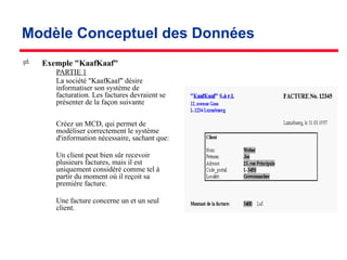 Modèle Conceptuel des Données
 Exemple "KaafKaaf"
­ PARTIE 1
­ La société "KaafKaaf" désire
informatiser son système de
facturation. Les factures devraient se
présenter de la façon suivante
­ Créez un MCD, qui permet de
modéliser correctement le système
d'information nécessaire, sachant que:
­ Un client peut bien sûr recevoir
plusieurs factures, mais il est
uniquement considéré comme tel à
partir du moment où il reçoit sa
première facture.
­ Une facture concerne un et un seul
client.
 