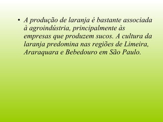 A produção de laranja é bastante associada à agroindústria, principalmente às empresas que produzem sucos. A cultura da laranja predomina nas regiões de Limeira, Araraquara e Bebedouro em São Paulo. 
