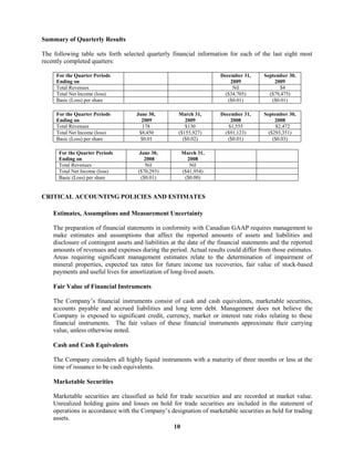 10
Summary of Quarterly Results
The following table sets forth selected quarterly financial information for each of the last eight most
recently completed quarters:
For the Quarter Periods
Ending on
December 31,
2009
September 30,
2009
Total Revenues Nil $4
Total Net Income (loss) ($34,705) ($79,475)
Basic (Loss) per share ($0.01) ($0.01)
For the Quarter Periods
Ending on
June 30,
2009
March 31,
2009
December 31,
2008
September 30,
2008
Total Revenues 178 $130 $1,555 $2,472
Total Net Income (loss) $8,450 ($155,927) ($91,123) ($293,351)
Basic (Loss) per share $0.01 ($0.02) ($0.01) ($0.03)
For the Quarter Periods
Ending on
June 30,
2008
March 31,
2008
Total Revenues Nil Nil
Total Net Income (loss) ($70,293) ($41,954)
Basic (Loss) per share ($0.01) ($0.00)
CRITICAL ACCOUNTING POLICIES AND ESTIMATES
Estimates, Assumptions and Measurement Uncertainty
The preparation of financial statements in conformity with Canadian GAAP requires management to
make estimates and assumptions that affect the reported amounts of assets and liabilities and
disclosure of contingent assets and liabilities at the date of the financial statements and the reported
amounts of revenues and expenses during the period. Actual results could differ from those estimates.
Areas requiring significant management estimates relate to the determination of impairment of
mineral properties, expected tax rates for future income tax recoveries, fair value of stock-based
payments and useful lives for amortization of long-lived assets.
Fair Value of Financial Instruments
The Company’s financial instruments consist of cash and cash equivalents, marketable securities,
accounts payable and accrued liabilities and long term debt. Management does not believe the
Company is exposed to significant credit, currency, market or interest rate risks relating to these
financial instruments. The fair values of these financial instruments approximate their carrying
value, unless otherwise noted.
Cash and Cash Equivalents
The Company considers all highly liquid instruments with a maturity of three months or less at the
time of issuance to be cash equivalents.
Marketable Securities
Marketable securities are classified as held for trade securities and are recorded at market value.
Unrealized holding gains and losses on hold for trade securities are included in the statement of
operations in accordance with the Company’s designation of marketable securities as held for trading
assets.
 