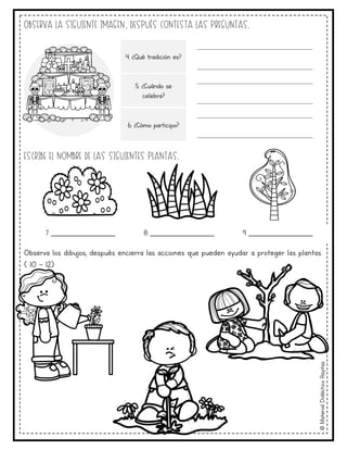 ©
Material
Didáctico
Rayitas
Observa la siguiente imagen, después contesta las preguntas.
4. ¿Qué tradición es?
____________________________
____________________________
5. ¿Cuándo se
celebra?
____________________________
____________________________
6. ¿Cómo participo?
____________________________
____________________________
Escribe el nombre de las siguientes plantas.
Observa los dibujos, después encierra las acciones que pueden ayudar a proteger las plantas.
( 10 – 12).
7. _______________ 8. _______________ 9. _______________
 