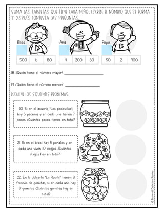 Suma las tarjetas que tiene cada niño, escribe el número que se forma
y después contesta las preguntas.
500 6 80 4 200 60 50 2 900
18. ¿Quién tiene el número mayor? _______________
19. ¿Quién tiene el número menor? _______________
Resuelve los siguientes problemas.
©
Material
Didáctico
Rayitas
20. Si en el acuario “Los pecesillos”,
hay 5 peceras y en cada una tienen 7
peces. ¿Cuántos peces tienes en total?
21. Si en el árbol hay 5 panales y en
cada uno viven 10 abejas. ¿Cuántas
abejas hay en total?
22. En la dulcería “La Rosita” tienen 8
frascos de gomitas, si en cada uno hay
8 gomitas. ¿Cuántas gomitas hay en
total?
Elías Ana Pepe
 