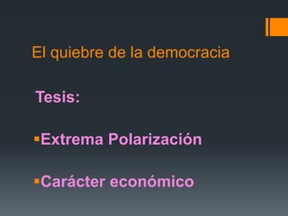 El quiebre de la democracia

Tesis:

Extrema Polarización

Carácter económico
 