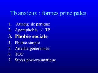 Tb anxieux : formes principales
1. Attaque de panique
2. Agoraphobie +/- TP
3. Phobie sociale
4. Phobie simple
5. Anxiété généralisée
6. TOC
7. Stress post-traumatique
 