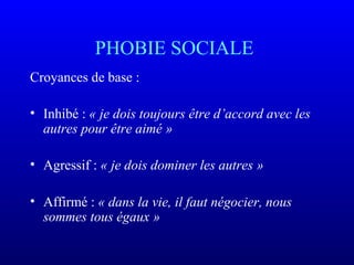 PHOBIE SOCIALE
Croyances de base :
• Inhibé : « je dois toujours être d’accord avec les
autres pour être aimé »
• Agressif : « je dois dominer les autres »
• Affirmé : « dans la vie, il faut négocier, nous
sommes tous égaux »
 