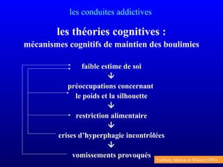 les conduites addictives
les théories cognitives :
mécanismes cognitifs de maintien des boulimies
faible estime de soi

préoccupations concernant
le poids et la silhouette

restriction alimentaire

crises d’hyperphagie incontrôlées

vomissements provoqués
Fairburn, Marcus et Wilson (1993)
 