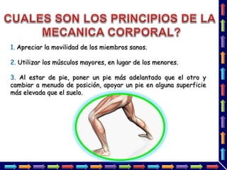 1. Apreciar la movilidad de los miembros sanos.
2. Utilizar los músculos mayores, en lugar de los menores.
3. Al estar de pie, poner un pie más adelantado que el otro y
cambiar a menudo de posición, apoyar un pie en alguna superficie
más elevada que el suelo.
 