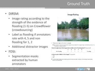 DFKI – SDS - DLCC 20
Ground Truth
• DIRSM:	
• Image	rating	according	to	the	
strength	of	the	evidence	of	
flooding	(1-5)	on	Crowdflower	
(crowdsourcing)	
• Label	as	flooding	if	annotators	
rate	with	4,	5	and	non	
flooding	for	1,	2	
• Additional	distractor	images	
• FDSI:	
• Segmentation	masks	
extracted	by	human	
annotators
 