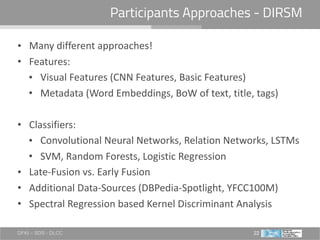 DFKI – SDS - DLCC 22
Participants Approaches - DIRSM
• Many	different	approaches!	
• Features:	
• Visual	Features	(CNN	Features,	Basic	Features)	
• Metadata	(Word	Embeddings,	BoW	of	text,	title,	tags)	
• Classifiers:	
• Convolutional	Neural	Networks,	Relation	Networks,	LSTMs	
• SVM,	Random	Forests,	Logistic	Regression	
• Late-Fusion	vs.	Early	Fusion	
• Additional	Data-Sources	(DBPedia-Spotlight,	YFCC100M)	
• Spectral	Regression	based	Kernel	Discriminant	Analysis	
 