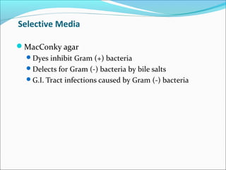 Selective Media 
MacConky agar 
Dyes inhibit Gram (+) bacteria 
Delects for Gram (-) bacteria by bile salts 
G.I. Tract infections caused by Gram (-) bacteria 
 