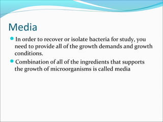 Media 
In order to recover or isolate bacteria for study, you 
need to provide all of the growth demands and growth 
conditions. 
Combination of all of the ingredients that supports 
the growth of microorganisms is called media 
 