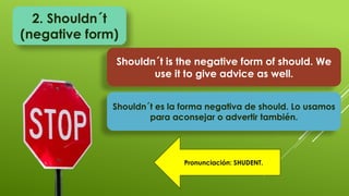 2. Shouldn´t
(negative form)
Shouldn´t is the negative form of should. We
use it to give advice as well.
Shouldn´t es la forma negativa de should. Lo usamos
para aconsejar o advertir también.
Pronunciación: SHUDENT.
 