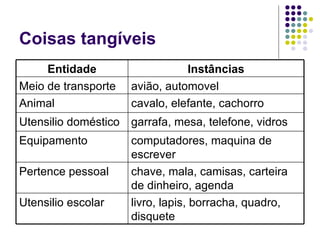 Coisas tangíveis livro, lapis, borracha, quadro, disquete Utensilio escolar chave, mala, camisas, carteira de dinheiro, agenda Pertence pessoal computadores, maquina de escrever Equipamento garrafa, mesa, telefone, vidros Utensilio doméstico cavalo, elefante, cachorro Animal avião, automovel Meio de transporte Instâncias Entidade 