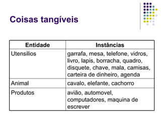 Coisas tangíveis avião, automovel, computadores, maquina de escrever Produtos cavalo, elefante, cachorro Animal garrafa, mesa, telefone, vidros, livro, lapis, borracha, quadro, disquete, chave, mala, camisas, carteira de dinheiro, agenda Utensilios Instâncias Entidade 
