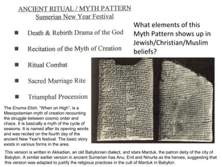 What elements of this 
Myth Pattern shows up in 
Jewish/Christian/Muslim 
beliefs? 
The Enuma Elish, “When on High”, is a 
Mesopotamian myth of creation recounting 
the struggle between cosmic order and 
chaos. It is basically a myth of the cycle of 
seasons. It is named after its opening words 
and was recited on the fourth day of the 
ancient New Year's festival. The basic story 
exists in various forms in the area. 
This version is written in Akkadian, an old Babylonian dialect, and stars Marduk, the patron deity of the city of 
Babylon. A similar earlier version in ancient Sumerian has Anu, Enil and Ninurta as the heroes, suggesting that 
this version was adapted to justify the religious practices in the cult of Marduk in Babylon. 
 
