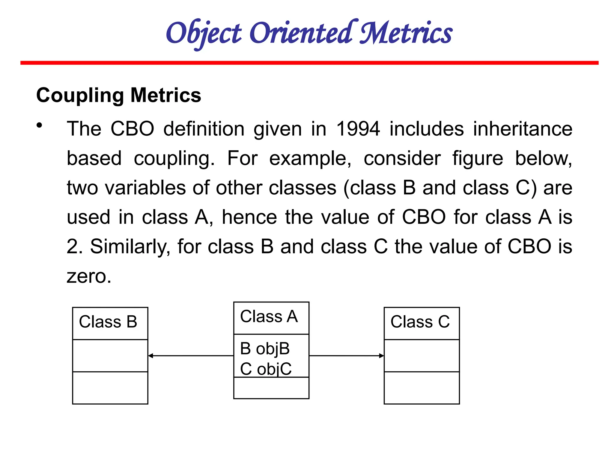 Object Oriented Metrics
Coupling Metrics
• The CBO definition given in 1994 includes inheritance
based coupling. For example, consider figure below,
two variables of other classes (class B and class C) are
used in class A, hence the value of CBO for class A is
2. Similarly, for class B and class C the value of CBO is
zero.
Class B Class A
B objB
C objC
Class C
 