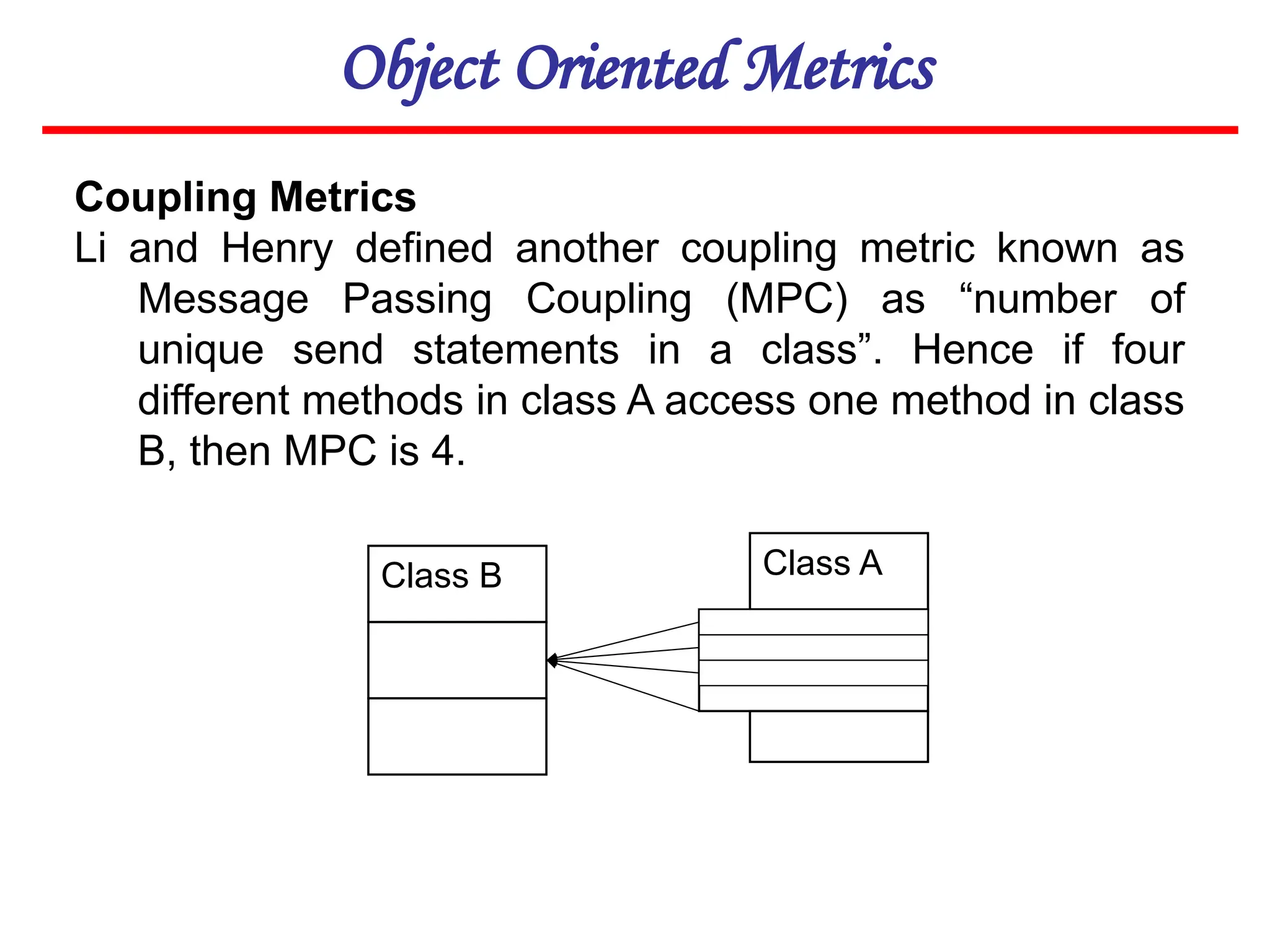 Object Oriented Metrics
Coupling Metrics
Li and Henry defined another coupling metric known as
Message Passing Coupling (MPC) as “number of
unique send statements in a class”. Hence if four
different methods in class A access one method in class
B, then MPC is 4.
Class B Class A
 