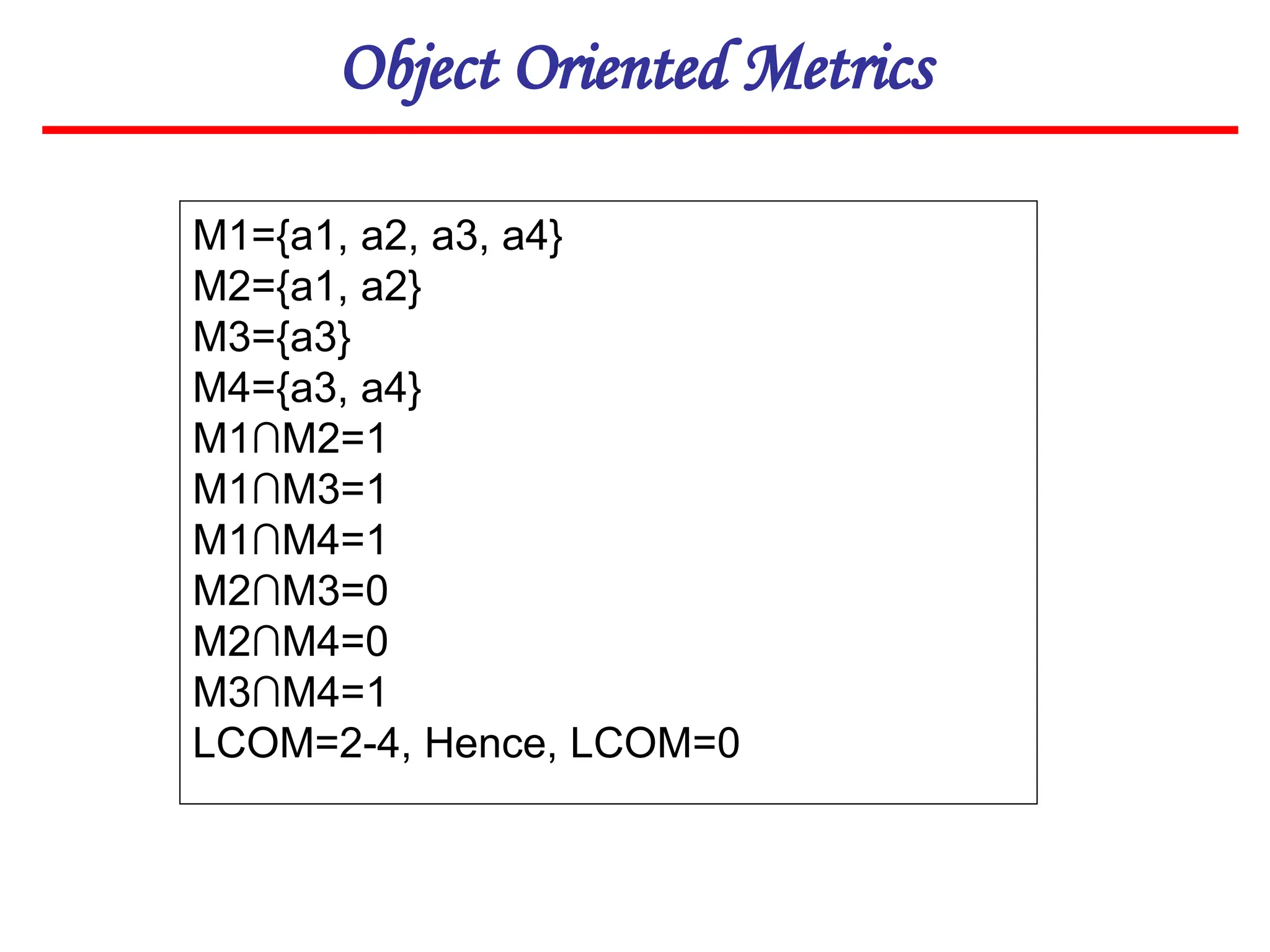 Object Oriented Metrics
M1={a1, a2, a3, a4}
M2={a1, a2}
M3={a3}
M4={a3, a4}
M1∩M2=1
M1∩M3=1
M1∩M4=1
M2∩M3=0
M2∩M4=0
M3∩M4=1
LCOM=2-4, Hence, LCOM=0
 
