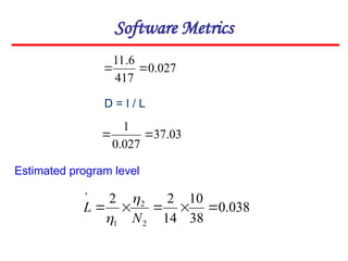 Software Metrics
Estimated program level
027
.
0
417
6
.
11


D = I / L
03
.
37
027
.
0
1


038
.
0
38
10
14
2
2
2
2
1






N
L


 
