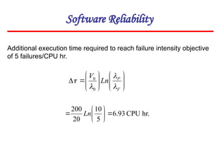 Software Reliability


















F
P
Ln
V




0
0
Additional execution time required to reach failure intensity objective
of 5 failures/CPU hr.
hr.
CPU
93
.
6
5
10
20
200







 Ln
 