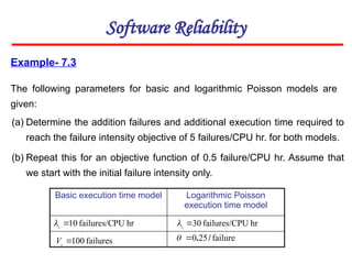 Example- 7.3
The following parameters for basic and logarithmic Poisson models are
given:
Software Reliability
(a) Determine the addition failures and additional execution time required to
reach the failure intensity objective of 5 failures/CPU hr. for both models.
(b) Repeat this for an objective function of 0.5 failure/CPU hr. Assume that
we start with the initial failure intensity only.
Basic execution time model Logarithmic Poisson
execution time model
hr
PU
failures/C
10

o
 hr
PU
failures/C
30

o

failures
0
10

o
V failure
25
0 /
.


 