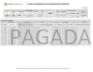 DETALLE POR COTIZANTE
INFORMACIÓN COTIZANTE INFORMACIÓN NOVEDADES PENSIÓN SALUD RIESGOS LABORALES CCF PARAFISCALES
No. Tipo
No. de
Identificación
Apellidos y Nombres
Cotizante
Subtipo
Extranjero
Colom.
exterior
Exonerado
ING
RET
TDE
TAE
TDP
TAP
VSP
VST
SLN
IGE
LMA
VAC
AVP
VCT
IRL
CORRECCIÓN
Cód.
AFP
IBC AFP Cotización
Voluntari
o Afiliado
Voluntario
Aportante
Fondo
pensional
de
solidaridad
Fondo
pensional de
subsistencia
Cód. EPS IBC EPS
Cotización /
Valor UPC
Cód.
ARL
IBC ARL
Clase
de
Riesgo
Cotización
Código
CCF
IBC CCF
Aporte
CCF
IBC otros
parafiscales
Aporte
SENA
Aporte
ICBF
Aporte
ESAP
Aporte
MEN
1 CC 1005683175 FLOREZ OYOLA LUIS FERNANDO 1 0 S 230301 1.160.000 185.600 0 0 0 0 EPS037 1.160.000 46.400 14-23 1.160.000 4 50.500 CCF40 1.160.000 46.400 0 0 0 0 0
2 CC 1049894220 ELLES CABALLERO CARLOS MANUEL 1 0 S 230301 1.160.000 185.600 0 0 0 0 EPS037 1.160.000 46.400 14-23 1.160.000 4 50.500 CCF40 1.160.000 46.400 0 0 0 0 0
3 CC 1049894588 GIL MEJIA GEOBERTY 1 0 S 230301 1.160.000 185.600 0 0 0 0 EPS037 1.160.000 46.400 14-23 1.160.000 4 50.500 CCF40 1.160.000 46.400 0 0 0 0 0
4 CC 1081789985 BROCHERO MONTERO JUAN CARLOS 1 0 S 230301 1.160.000 185.600 0 0 0 0 EPS037 1.160.000 46.400 14-23 1.160.000 4 50.500 CCF40 1.160.000 46.400 0 0 0 0 0
5 CC 1127654462 MEJIA MARTINEZ VICTOR DANILO 1 0 S 230301 1.160.000 185.600 0 0 0 0 EPS037 1.160.000 46.400 14-23 1.160.000 4 50.500 CCF40 1.160.000 46.400 0 0 0 0 0
6 CC 1192795007 GALBAN ORTIZ CARLOS FARID 1 0 S 230301 1.160.000 185.600 0 0 0 0 EPS002 1.160.000 46.400 14-23 1.160.000 4 50.500 CCF40 1.160.000 46.400 0 0 0 0 0
7 CC 1128106160 SANCHEZ TORRES RAFAEL DE LOS REYES 1 0 S X 230301 464.000 74.300 0 0 0 0 EPS037 464.000 18.600 14-23 464.000 4 20.200 CCF40 464.000 18.600 0 0 0 0 0
8 CC 1065124804 OROZCO HERRERA JORGE LUIS 1 0 S 230301 1.160.000 185.600 0 0 0 0 EPS002 1.160.000 46.400 14-23 1.160.000 4 50.500 CCF40 1.160.000 46.400 0 0 0 0 0
9 CC 1128104295 URINA LLERENA WILMAN JOSE 1 0 S 230301 1.160.000 185.600 0 0 0 0 EPS037 1.160.000 46.400 14-23 1.160.000 4 50.500 CCF40 1.160.000 46.400 0 0 0 0 0
10 CC 1193211956 POLO BARRIOS ANGEL DE JESUS 1 0 S X 230301 154.667 24.800 0 0 0 0 EPS002 154.667 6.200 14-23 154.667 4 6.800 CCF40 174.667 7.000 0 0 0 0 0
11 CC 1193212059 VARELA OSPINO JUAQUIN ARTURO 1 0 S 230301 1.160.000 185.600 0 0 0 0 EPS002 1.160.000 46.400 14-23 1.160.000 4 50.500 CCF40 1.160.000 46.400 0 0 0 0 0
12 CC 12703593 CALSETA GARCIA JORGE LUIS 1 0 S X 230301 232.000 37.200 0 0 0 0 EPS041 232.000 9.300 14-23 232.000 4 10.100 CCF40 264.222 10.600 0 0 0 0 0
13 CC 1193219305 DE LA CERDA ALEMAN JULIO CESAR 1 0 S X 230301 657.334 105.200 0 0 0 0 EPS002 657.334 26.300 14-23 657.334 4 28.600 CCF40 657.334 26.300 0 0 0 0 0
14 CC 1192795008 GALBAN ORTIZ ANDRES DAVID 1 0 S 230301 1.160.000 185.600 0 0 0 0 EPS002 1.160.000 46.400 14-23 1.160.000 4 50.500 CCF40 1.160.000 46.400 0 0 0 0 0
15 CC 37754479 PEREIRA OSORIO MARTHA CECILIA 1 0 S 25-14 1.160.000 185.600 0 0 0 0 EPS037 1.160.000 46.400 14-23 1.160.000 4 50.500 CCF40 1.160.000 46.400 0 0 0 0 0
16 CC 79268519 MENDOZA CASTRO PEDRO DANILO 1 0 S L 25-14 1.160.000 185.600 0 0 0 0 EPS005 1.160.000 46.400 14-23 1.160.000 4 0 CCF40 1.160.000 46.400 0 0 0 0 0
17 CC 80136683 JIMENEZ MENDOZA JULIAN RICARDO 1 0 S 230901 4.000.000 640.000 0 0 0 0 EPS005 4.000.000 160.000 14-23 4.000.000 1 20.900 CCF24 4.000.000 160.000 0 0 0 0 0
18 CC 9021858 GUZMAN MARTINEZ HUGO ALBERTO 1 0 S 25-14 1.160.000 185.600 0 0 0 0 EPS037 1.160.000 46.400 14-23 1.160.000 4 50.500 CCF40 1.160.000 46.400 0 0 0 0 0
19 CC 91001132 GALVIS OSES OLINTO 1 0 S 25-14 1.160.000 185.600 0 0 0 0 EPS037 1.160.000 46.400 14-23 1.160.000 4 50.500 CCF40 1.160.000 46.400 0 0 0 0 0
Este documento está clasificado como PRIVADO por parte de Compensar Operador de Información
PLANILLA INTEGRADA DE AUTOLIQUIDACION DE APORTES
PAG 3 de 3
DATOS DEL APORTANTE
TIPO NÚMERO NOMBRE APORTANTE DIRECCIÓN TELÉFONO CORREO
EXONERADO PAGO
PARAFISCALES Y
SALUD
NI 900508223-2 GRUPO 1974 SAS CRA 10 A N 69 23 2149973 dianacaro.grupo@gmail.com
FORMA
PRESENTACIÓN
CLASE
APORTANTE
NOMBRE
SUCURSAL
DEPARTAMENTO CIUDAD / MUNICIPIO
ÚNICA C ±MIPYME BOGOTÁ D. C. BOGOTÁ, D.C. SI
CÓDIGO
DATOS DE LA PLANILLA
PLANILLA
ASOCIADA
TIPO
PLANILLA
FECHA PAGO
(DIA/MES/AÑO)
NÚMERO
PLANILLA
TOTAL A PAGAR
PERIODO SALUD PERIODO PENSIONES
2023-05 2023-04 E 10/05/2023 67746997 $5.979.700
CANTIDAD
UPC
0
EMPLEADOS
19
FECHA PAGO ASOCIADA
(DIA/MES/AÑO)
 