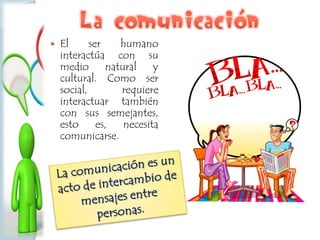  El ser humano
interactúa con su
medio natural y
cultural. Como ser
social, requiere
interactuar también
con sus semejantes,
esto es, necesita
comunicarse.
 