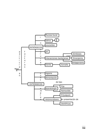 152
Mucosa bucal
i
Saliva I
n
Leucocitos
INTRÍNSECOS
v
p f o pH
a a l Simbiosis
r c u como
t t c Interacciones bacterianas Sinergismo
i o r
c r a Antagonismo
i e n Diente Esmalte
p s
Mapa
A
a c Higiene
n o
n Alimentación
t
de tipo
EXTRÍNSECOS
Fija
e Aparatología
m Removible
p
l Enjuagues
a
n Antimicrobiano en presentación de
Dentífricos
 