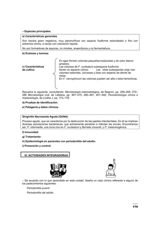 179
– Especies principales:
a) Características generales
Son bacilos gram negativos, muy pleomorficos con aspecto fusiforme redondeado o fino con
extremos romos, a veces con coloración bipolar.
No son formadores de esporas, no móviles, anaeróbicos y no fermentativos.
b) Enzimas y toxinas:
En agar forman colonias pequeñas traslúcidas y de color blanco
grisáceo.
c) Características Las colonias de F. nucleatum subespecie fusiforme
de cultivo tienen un aspecto cónico. Las otras subespecies origi–nan
colonias redondas, convexas y lisas con aspecto de diente de
molar.
En F. necrophorum las colonias pueden ser alfa o beta hemolíticas.
Resuelve lo siguiente, consultando: Microbiología estomatológica, de Negroni, pp. 258–265, 272–
286 Microbiología oral, de Liébana, pp. 467–475, 480–487, 491–492; Periodontología clínica e
Implantología, de Lindhe J, pp. 173–178.
d) Pruebas de identificación:
e) Patogenia y datos clínicos
Gingivitis Necrozante Aguda (GUNA)
Proceso agudo, que se caracteriza por la destrucción de las papilas interdentales. En él se implican
diversas asociaciones bacterianas, que activamente penetran e infectan las encías. Encontramos
así: P. intermedia, una zona rica en F. nucleatum y Borrelia vincentii, y P. melaninogénica.
f) Inmunidad:
g) Tratamiento:
h) Epidemiología en pacientes con periodontitis del adulto:
i) Prevención y control:
VI. ACTIVIDADES INTEGRADORAS
– De acuerdo con lo que aprendiste en esta unidad, diseña un caso clínico referente a alguno de
los padecimientos siguientes:
Periodontitis juvenil
Periodontitis del adulto
 