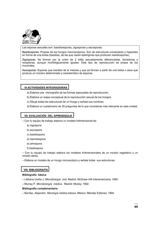 45
Las esporas sexuales son: basidioesporas, zigosporas y ascosporas.
B
Ba
as
si
id
di
io
os
sp
po
or
ra
as
s:
: Propias de los hongos macroscópicos. Son de estructuras unicelulares y haploides
en forma de una bolsa (basidios, de las que nacen esterigmas que producen basidiosporas).
Z
Zi
ig
go
os
sp
po
or
ra
as
s:
: Se forman por la unión de 2 hifas sexuadamente diferenciadas, donadoras y
receptoras, aunque morfológicamente iguales. Este tipo de reproducción es propia de los
mucorales.
A
As
sc
co
os
sp
po
or
ra
as
s: Esporas que resultan de la meiosis y que se forman a partir de una bolsa o asca que
produce un número determinado y característico de esporas.
VI ACTIVIDADES INTEGRADORAS
a) Elabora una monografía de las formas asexuadas de reproducción.
b) Elabora un mapa conceptual de la reproducción sexual de los hongos.
c) Dibuja todas las estructuras de un hongo y señala sus nombres.
d) Elabora un cuestionario de 25 preguntas de lo que consideras más relevante en esta unidad.
VII. EVALUACIÓN DEL APRENDIZAJE
– Con tu equipo de trabajo elabora un modelo tridimensional de:
a) cigospora
b) ascospora
c) basidiospora
d) clamidospora
e) artrospora
f) blastospora
– Con tu equipo de trabajo elabora los modelos tridimensionales de un micelio vegetativo y un
micelio aéreo.
– Elabora un modelo de un hongo microscópico y señala todas sus estructuras.
VIII. BIBLIOGRAFÍA
Bibliografía básica
– Liébana Ureña J. Microbiología oral. Madrid: McGraw–Hill Interamericana; 1995.
– Murray P. Microbiología médica. Madrid: Mosby; 1992.
Bibliografía complementaria
– Bonifaz, Alejandro. Micología médica básica. México: Méndez Editores; 1994.
 