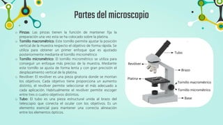 Partesdelmicroscopio
o Pinzas: Las pinzas tienen la función de mantener fija la
preparación una vez esta se ha colocado sobre la platina.
o Tornillo macrométrico: Este tornillo permite ajustar la posición
vertical de la muestra respecto el objetivo de forma rápida. Se
utiliza para obtener un primer enfoque que es ajustado
posteriormente mediante el tornillo micrométrico
o Tornillo micrométrico: El tornillo micrométrico se utiliza para
conseguir un enfoque más preciso de la muestra. Mediante
este tornillo se ajusta de forma lenta y con gran precisión el
desplazamiento vertical de la platina.
o Revólver: El revólver es una pieza giratoria donde se montan
los objetivos. Cada objetivo tiene proporciona un aumento
distinto, el revólver permite seleccionar el más adecuado a
cada aplicación. Habitualmente el revólver permite escoger
entre tres o cuatro objetivos distintos.
o Tubo: El tubo es una pieza estructural unida al brazo del
telescopio que conecta el ocular con los objetivos. Es un
elemento esencial para mantener una correcta alineación
entre los elementos ópticos.
 