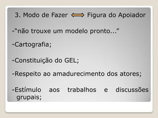 3. Modo de Fazer        Figura do Apoiador

-“não trouxe um modelo pronto...”

-Cartografia;

-Constituição do GEL;

-Respeito ao amadurecimento dos atores;

-Estímulo   aos   trabalhos   e   discussões
 grupais;
 