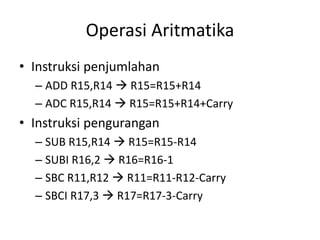 Operasi Aritmatika
• Instruksi penjumlahan
– ADD R15,R14  R15=R15+R14
– ADC R15,R14  R15=R15+R14+Carry
• Instruksi pengurangan
– SUB R15,R14  R15=R15-R14
– SUBI R16,2  R16=R16-1
– SBC R11,R12  R11=R11-R12-Carry
– SBCI R17,3  R17=R17-3-Carry
 