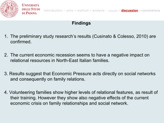 introduction – aims – method – analysis – results – discussion – conclusions



                                      Findings

1. The preliminary study research’s results (Cusinato & Colesso, 2010) are
   confirmed.

2. The current economic recession seems to have a negative impact on
   relational resources in North-East Italian families.

3. Results suggest that Economic Pressure acts directly on social networks
   and consequently on family relations.

4. Volunteering families show higher levels of relational features, as result of
   their training. However they show also negative effects of the current
   economic crisis on family relationships and social network.
 
