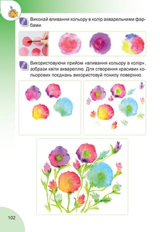 Виконай вливання кольору в колір акварельними фар­
бами.
Використовуючи прийом «вливання кольору в колір»,
зобрази квіти аквареллю. Для створення красивих ко­
льорових поєднань використовуй похилу поверхню.
102
 