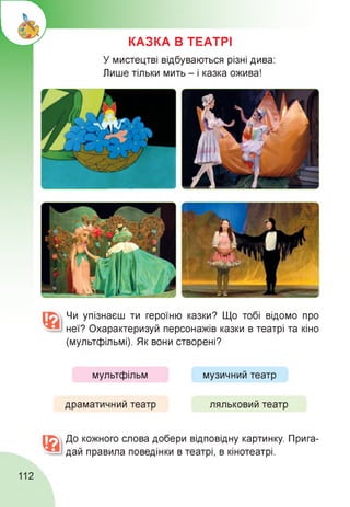 КАЗКА В ТЕАТРІ
У мистецтві відбуваються різні дива:
Лише тільки мить - і казка ожива!
Чи упізнаєш ти героїню казки? Що тобі відомо про
неї? Охарактеризуй персонажів казки в театрі та кіно
(мультфільмі). Як вони створені?
мультфільм музичний театр
драматичний театр ляльковий театр
До кожного слова добери відповідну картинку. Прига­
дай правила поведінки в театрі, в кінотеатрі.
112
 