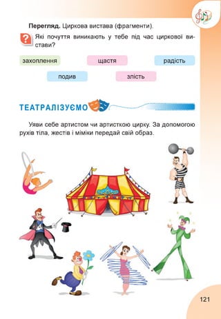 радість
Перегляд. Циркова вистава (фрагменти).
Які почуття виникають у тебе під час циркової ви­
стави?
захоплення
подив
щастя
злість
ТЕАТРАЛІЗУЄМО^^..............
Уяви себе артистом чи артисткою цирку. За допомогою
рухів тіла, жестів і міміки передай свій образ.
121
 