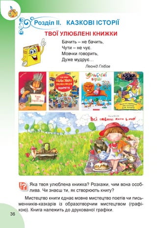 Розділ ІІ. КАЗКОВІ ІСТОРІЇ
ТВОЇ УЛЮБЛЕНІ КНИЖКИ
Бачить - не бачить,
Чути - не чує.
Мовчки говорить,
Дуже мудрує...
Леонід Глібов
«НДЯ«1* У’фаїисі»*;
письменнігкії
Д.1Я малеч/
|СА Казка 2
ІИг І
р І Старого Лева І
вірШ;
-з
■к / Пасія ЛУКАЧ *
ЬЯ " Ьо перинні ЖМЙ7И ^^АИр'
1 П < І гґ
» Г’и !* «• ІС, * . Д і
7^' Ш
& ч'• Хт
* А ? МгЖі
Яка твоя улюблена книжка? Розкажи, чим вона особ­
лива. Чи знаєш ти, як створюють книгу?
Мистецтво книги єднає мовне мистецтво поетів чи пись-
менників-казкарів із образотворчим мистецтвом (графі­
кою). Книга належить до друкованої графіки.
36
 