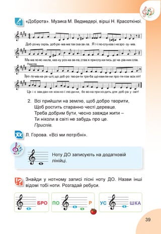 «Доброта». Музика М. Ведмедері, вірші Н. Красоткіної.
2. Всі прийшли на землю, щоб добро творити,
Щоб ростить старанно честі деревце.
Треба добрим бути, чесно завжди жити -
Ти ніколи в світі не забудь про це.
Приспів.
Л. Горова. «Всі ми потрібні».
І Ноту ДО записують на додатковій
лінійці.
Знайди у нотному записі пісні ноту ДО. Назви інші
відомі тобі ноти. Розгадай ребуси.
39
 