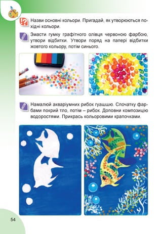 Назви основні кольори. Пригадай, як утворюються по­
хідні кольори.
Змасти гумку графітного олівця червоною фарбою,
утвори відбитки. Утвори поряд на папері відбитки
жовтого кольору, потім синього.
Намалюй акваріумних рибок гуашшю. Спочатку фар­
бами покрий тло, потім - рибок. Доповни композицію
водоростями. Прикрась кольоровими крапочками.
54
 